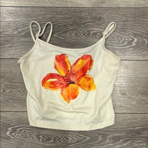 Floral Print Women's Top - Cream with Orange Flower